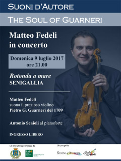 La locandina del concerto di Matteo Fedeli a Senigallia con il violino Guarnieri