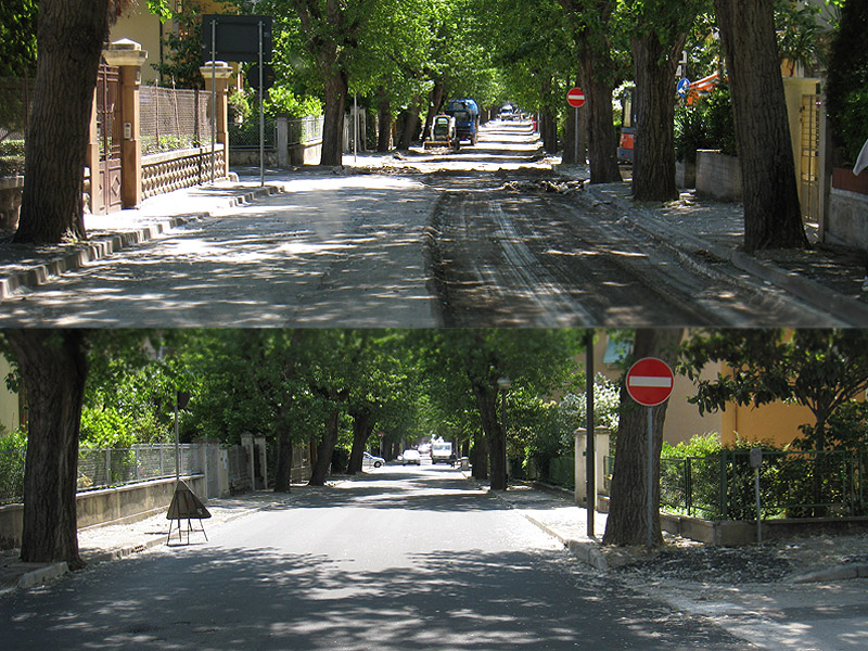 Lavori di asfaltatura in via Mercantini: prima e dopo