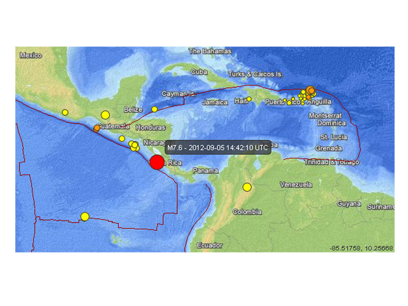Mappa del terremoto registrato a largo della Costa Rica