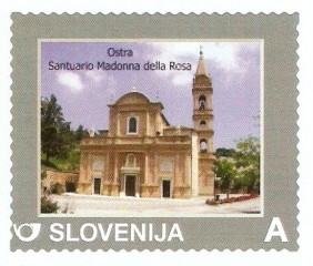Il francobollo dedicato dalle poste slovene al Santuario Madonna della Rosa di Ostra