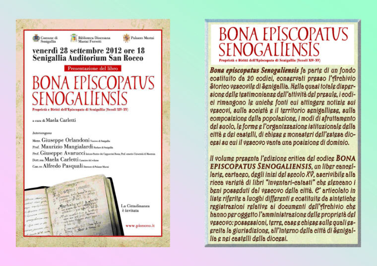 Il manifesto che presenta la serata dedicata al volume Bona episcopatus Senogaliensis