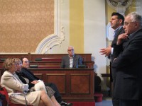 Il saluto agli ex presidi Paolo Lanari, Angela Leone, Daniela Dobrilla. A destra il Sindaco Maurizio Mangialardi e il portavoce Mario Cavallari