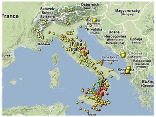 La mappa dei terremoti in Italia nel 2012