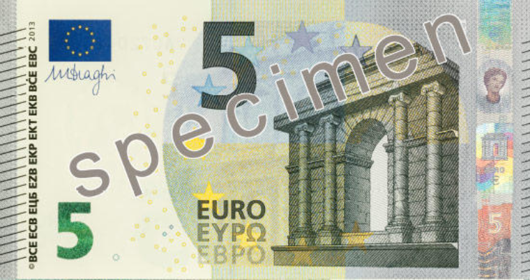 Un esempio della nuova banconota da 5 euro