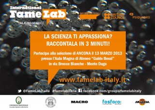 Locandina di Famelab,  talent show internazionale della scienza ad Ancona