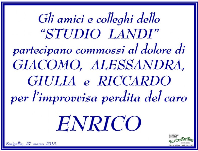 Manifesto funebre per Enrico Landi dagli amici dello studio Landi