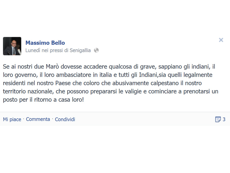 Post su Facebook di Massimo Bello