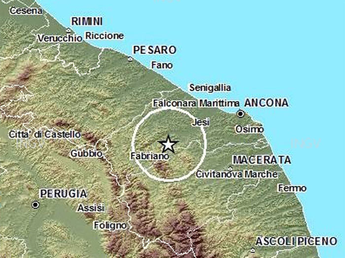 La mappa del terremoto registrato il 3 luglio 2013 alle 00.52 tra Ancona e Macerata