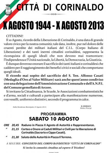 Il manifesto dei festeggiamenti 2013 per la Liberazione di Corinaldo nel 1944