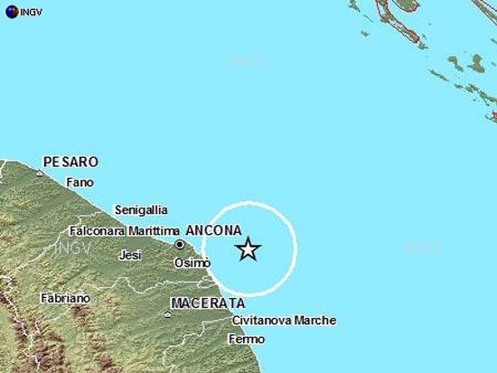 Epicentro del terremoto del 22 agosto, in mare davanti al Conero