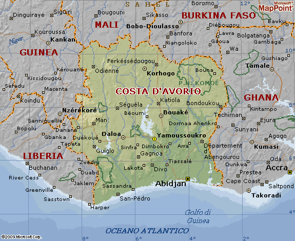 La posizione e i confini della Costa d'Avorio