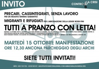 Manifesto dell'iniziativa "A pranzo con Letta" del 15 ottobre ad Ancona, promosso dai centro sociali delle Marche