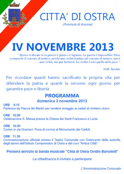 Il manifesto per le celebrazioni del IV novembre a Ostra
