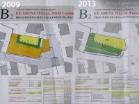 Il confronto tra la previsione 2009 e il progetto 2013 dell'ex arena Italia a Senigallia
