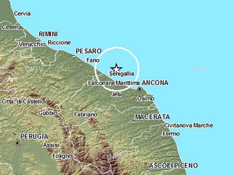 La mappa del terremoto di Senigallia del 23 giugno 2014, elaborata dall'INGV