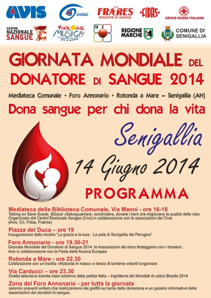 La locandina delle iniziative dell'Avis Senigallia in occasione della Giornata Mondiale del Donatore