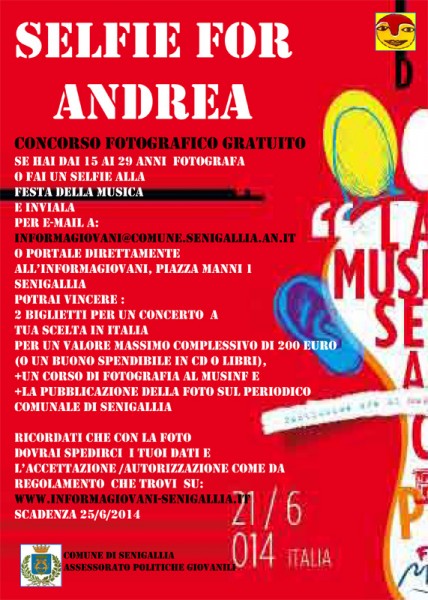 Locandina del concorso fotografico riservato ai giovani "Selfie for Andrea"