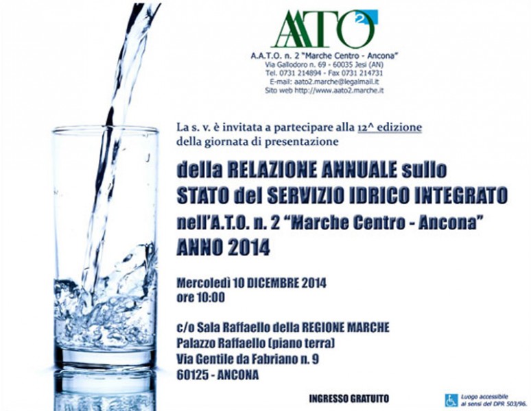 locandina per la relazione annuale sullo stato del servizio idrico integrato nell'A.T.O. n. 2 "Marche Centro - Ancona"