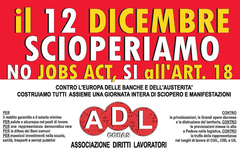 locandina per lo sciopero del 12 dicembre ad Ancona dell'Associazione Diritti Lavoratori - Cobas Marche