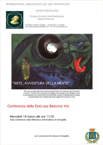 volantino dell'incontro su arte, estetica e psicologia alla biblioteca Antonelliana di Senigallia