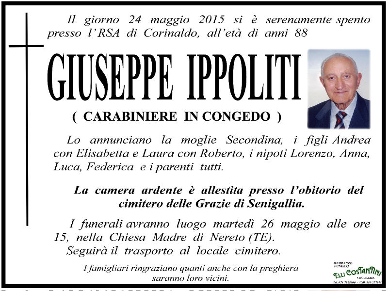 Giuseppe Ippoliti, necrologio