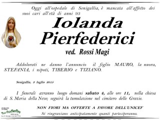 Iolanda Pierfederici, necrologio