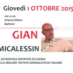 Locandina dell'incontro pubblico a Barbara col reporter di guerra Gian Micalessin