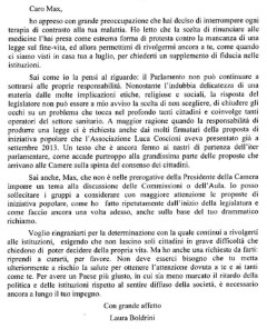 La lettera della presidente della Camera Laura Boldrini inviata a Max Fanelli