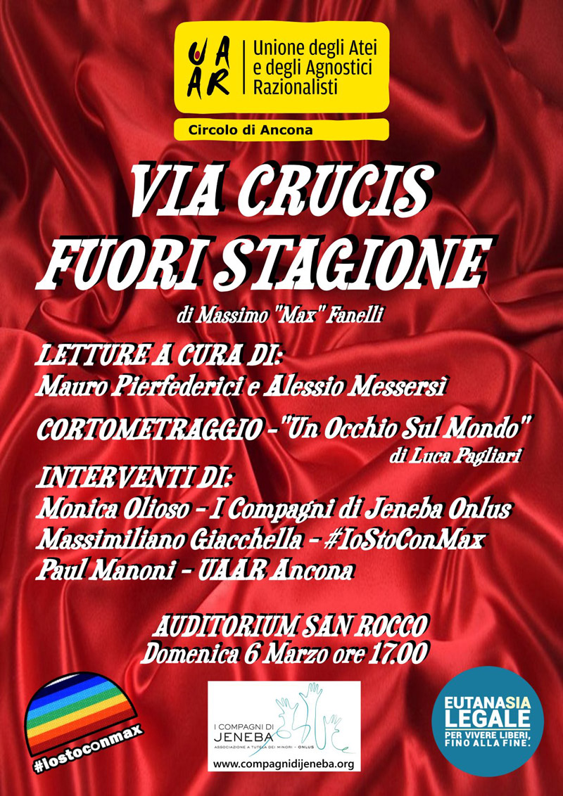 Locandina dell'iniziativa UAAR Circolo di Ancona a sostegno di Max Fanelli