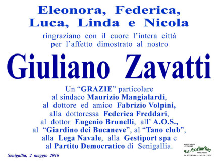 Manifesto di ringraziamento della Famiglia Zavatti