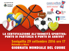 La locandina del convegno sulla certificazione all'idoneità sportiva che si terrà a Senigallia il 29 settembre in occasione della Giornata mondiale del Cuore