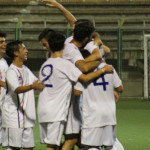 L'esultanza della squadra Fc Senigallia dopo il goal all'Olimpia Marzocca in coppa Italia