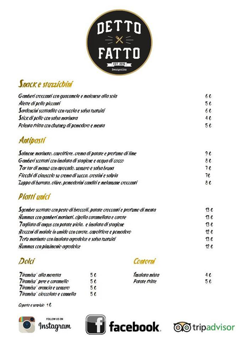 Il menù del ristorante "Detto Fatto" in via Portici Ercolani 24, a Senigallia