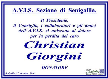 Manifesto di cordoglio della sezione di Senigallia dell'AVIS per la scomparsa di Christian Giorgini