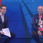 Fabri Fibra (a destra) ospite a "Che tempo che fa", su Rai 3, con Fabio Fazio