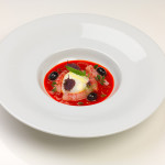 "Huevo roto" di gamberi rossi alla cacciatora - ricetta di Michele Gilebbi