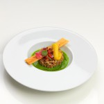 Farro mantecato all’olio extravergine di oliva, con emulsione di extravergine e parmigiano su crema di broccoli - ricetta di Massimo Biagiali