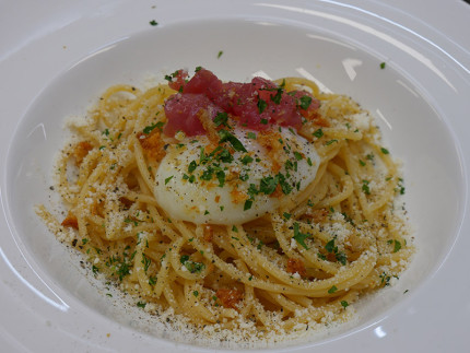 Spaghettoni Felicetti alla carbonara di tonno - ricetta ristorante La DegOsteria