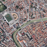 Veduta aerea dell'area dello stadio Bianchelli e del centro di Senigallia