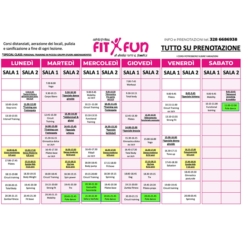 Planning orari corsi 2020/21 alla palestra centro fitness FitxFun di Senigallia