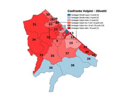 Mappa con il confronto tra le percentuali dei due candidati sindaco che andranno al ballottaggio sezione per sezione