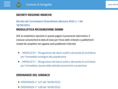 Schermata del sito del Comune di Senigallia con i moduli per il rimborso scaricabili