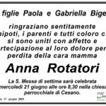 Ringraziamenti per la partecipazione ai funerali di Anna Rotatori