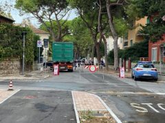 Intervento della Polizia dopo che alcuni cittadini hanno bloccato l'abbattimento dei pini in viale Anita Garibaldi