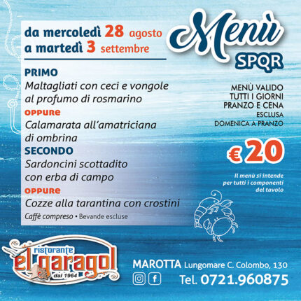 Ristorante El Garagol - Menu della settimana dal 28 agosto al 3 settembre 2024