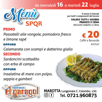 Ristorante El Garagol - Menu della settimana dal 16 al 22 luglio 2025