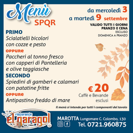 Ristorante El Garagol - Menu della settimana dal 3 al 9 settembre 2025