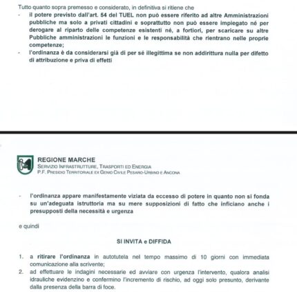Diffida della Regione relativa all'ordinanza emessa dall'allora sindaco Mangialardi