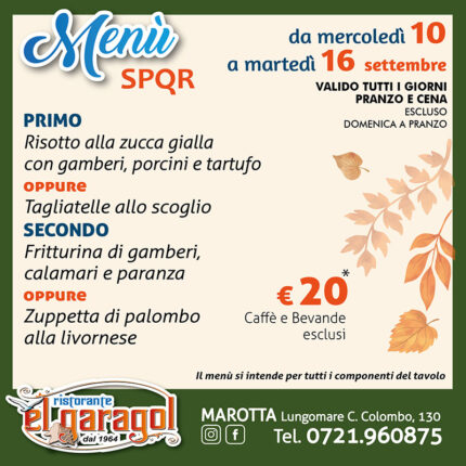 Ristorante El Garagol - Menu della settimana dal 10 al 16 settembre 2025 Ristorante El Garagol - Menu della settimana dal 10 al 16 settembre 2025