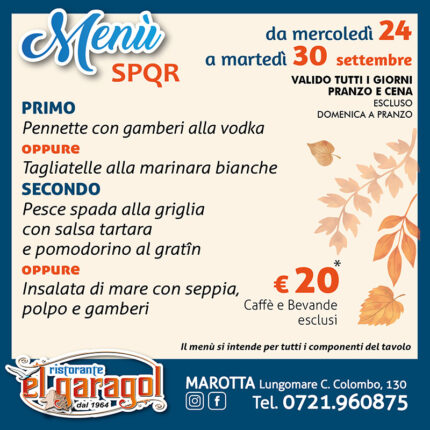 Ristorante El Garagol - Menu della settimana dal 24 al 30 settembre 2025